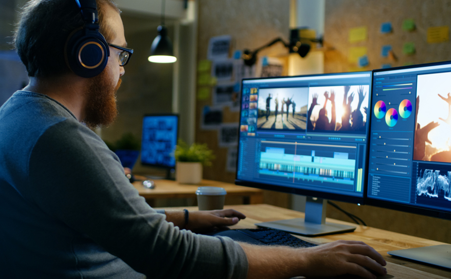 Male Videographer Edits and Cuts Footage and Sound on His Personal Computer, Puts on His Monitors/ Headphones. His Office is Modern and Creative Loft Studio.